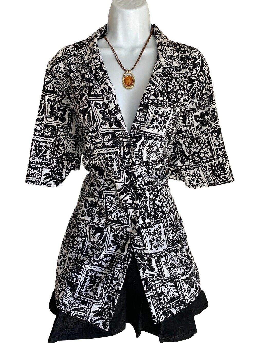 90's Vintage BonWorth XL Plus Black White Button Up Tunic Blouse Whimsigoth Boho
